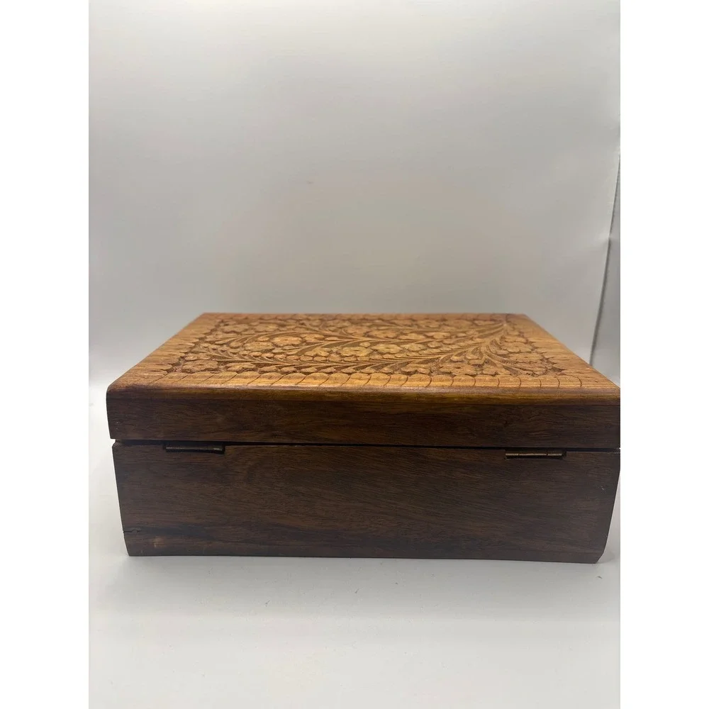 Hand Carved Floral Wooden Jewelry Box Red Velvet Lining Vintage Boho Keepsake